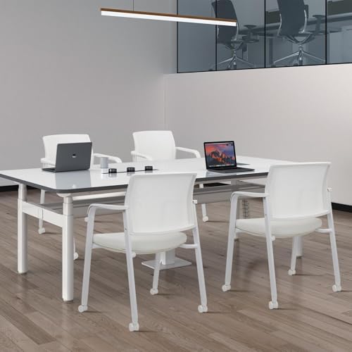 Image of CLATINA Mesh Back Guest Reception Stacking Chair with Wheels, Waiting Room Stackable Chairs with Upholstered Leather Seat & Ergonomic Lumbar Support for Office Conference School Lobby, White, 2 Pack