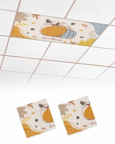 2PCS Thanksgiving Fall Boho Cute Cartoon Pumpkin Fluorescent Light Cover, Ceiling Lampshade Decor with 10 Magnets Fixtures, Print Light Filters Cover Panel for Any Place Supplies