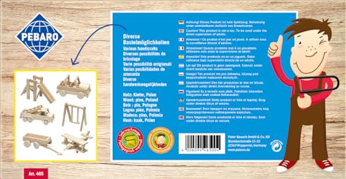 Pebaro 465 Holzbauset im Tragegriff-Karton, 21 Teile, praktische Kofferverpackung, für kreative Baumeister, inkl. Vollholz Naturstäben und Werkzeug, Basteln, Geschenkidee für Kinder