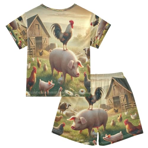 Rooster Farmhouse Pajama Set Short Sleeve PJ Set Cotton Summer Pajamas Sleepwear Soft 5Y2