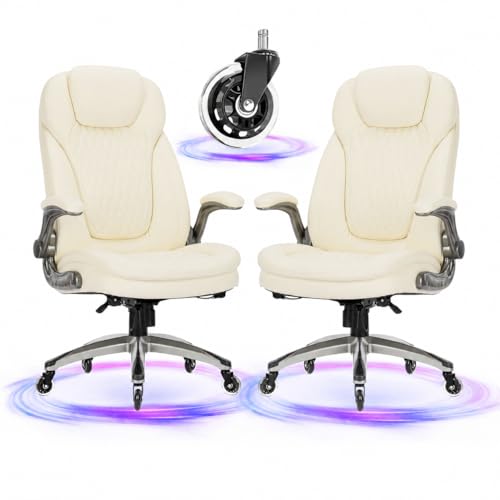 Image of COLAMY Ivory Leather High Back Executive Office Chair Set of 2, Ergonomic Desk Chair with Flip-up Arms, Thick Cushion, Silent Nylon Wheels, Adjustable Height & Rocking Function, 300lbs Capacity