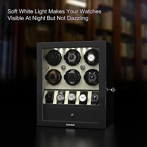Image of DUKWIN Watch Winder for Automatic Watches, White Lockable Watch Winders with Extra Watch Storage, Jewelry Storage, 4 Rotation Modes, LED Light, Super Quiet Mabuchi Motor and Spring Watch Pillows
