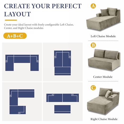 Image of 96 inch Sectional Couches for Living Room Cloud Couch Sofa with L-Shape Upholstered Boneless Couchs Modern Modular Sectional Couch with Chaise (Camel, 133 inch W+U Facing Chaise)