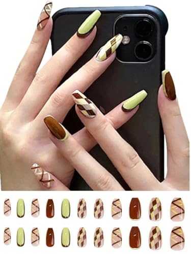 Image of Secret Lives Acrylic Fake Reusable False Artifical Press On Nails Pastel Green & Brown Color Combo 24 piece with kit