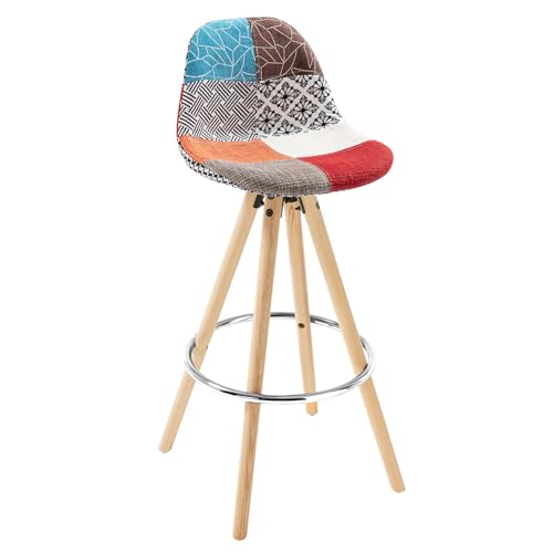 WOLTU 1 x Tabouret de Bar en Lin avec Dossier + Repose-Pieds Design Tabouret de Cuisine en Bois,Patchwork Multicolore