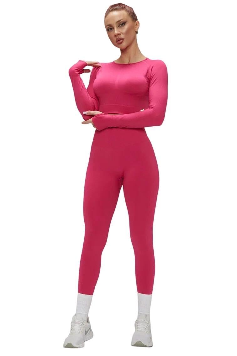 GLAMFIT Winter Spring Seamless Long Sleeve Crop Top High Waist Leggings 2psc Set Maroon-image-39