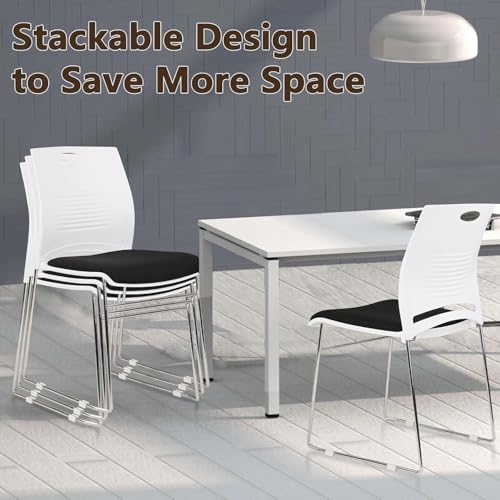 Image of CLATINA Stacking Home Office Guest Chair, Reception Stackable Chairs with Metal Sled Base, Conference Lobby Waiting Training School Kitchen Banquet Chair, Plastic Desk Chairs No Wheels, White, 4 Pack