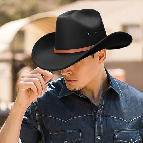 Image of DRESHOW Cowboy Hat for Women and Men Western Felt Cowboy Cowgirl Hat Wide Brim Belt Buckle Retro Fedora Hats Unisex Caps