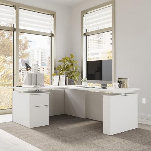 Image of Bush Business Furniture 60-inch Height Adjustable L Shaped Standing Desk with File Cabinet, Ergonomic Sit-Stand Computer Table for Office, Stratus Collection, White with White Base
