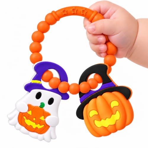 Baby Halloween Teething Toys, Soft Pumpkin & Ghost Textured Silicone Teether for 3-6 6-12 Months, BPA-Free Baby Halloween Teether Toys, Boo Basket Stuffers Sensory Gifts for Infant Boys & Girls