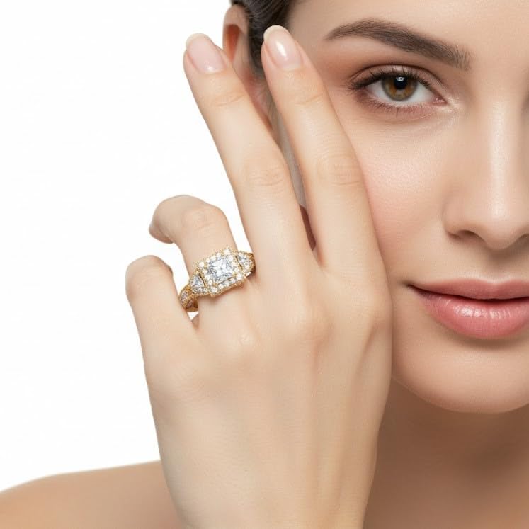 Image of 55Carat Choose Your Gemstone Square Art Nouveau Diamond CZ Ring Yellow Gold Plated Princess Shape Vintage Engagement Rings Matching Jewelry Wedding Jewelry Easy to Wear Gifts US Size 4 to 12