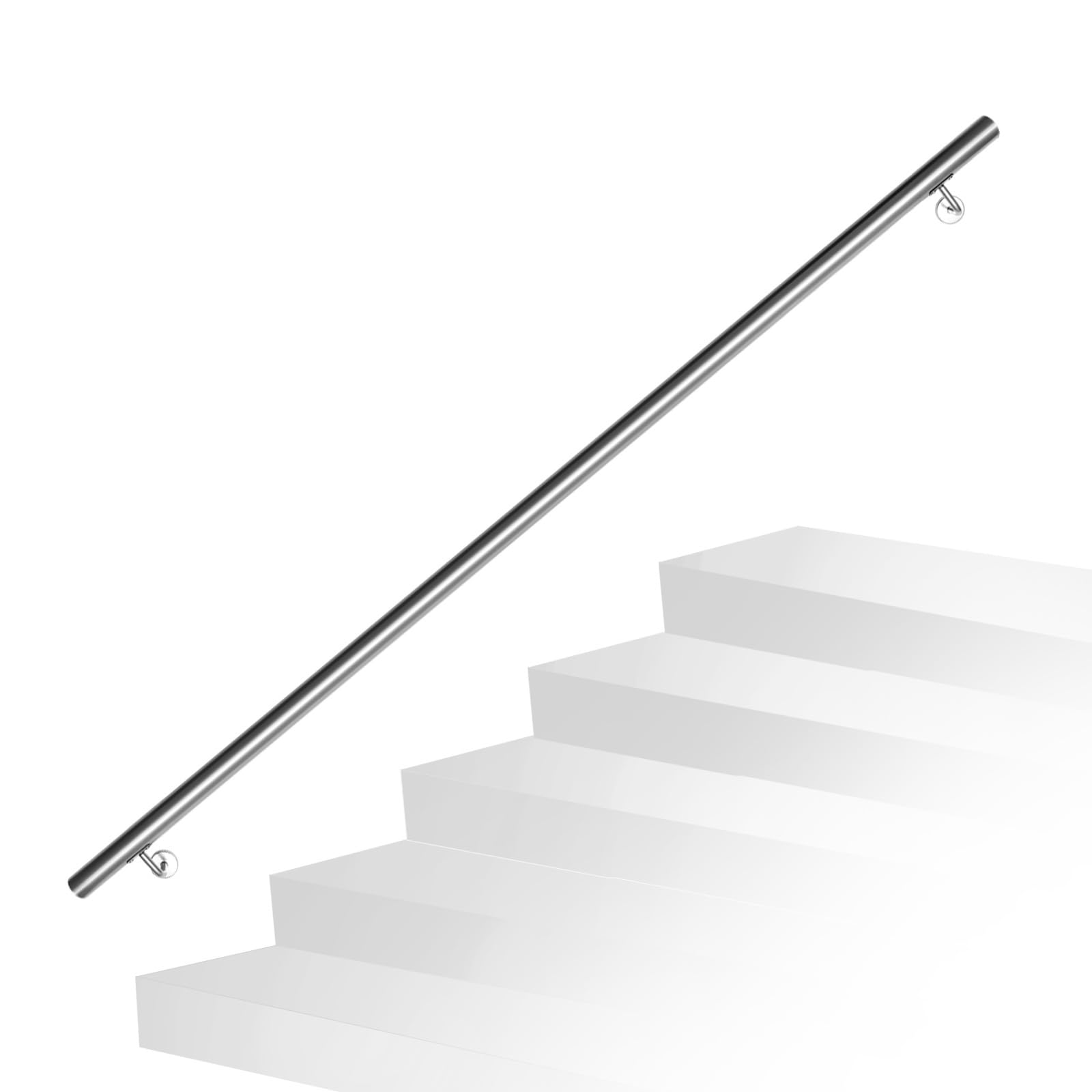 Handlauf Edelstahl,Treppengeländer Wandhandlauf Innen & Außen,Geländer Handlauf Treppe,inkl. Wandhalterung und Endkappen, Rund Ø42mm,Treppe Wandhalter Haltegriff Stange, Länge:180 cm