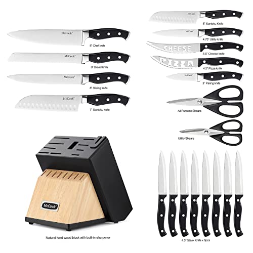 Mccook Mc65 German Stainless Steel Kitchen Knives Block Set With Pull-Away Steak Block And Built-In Knife Sharpener + Mcw12 Bamboo Cutting Board (Large, 17”X12”X1”) #TOP2