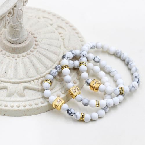 Image of Inlaid Zircon 12 Constellation Adjustable Stretch Bracelet - 6mm Frosted White Turquoise Beaded Bracelets for Women Men SJYA4647