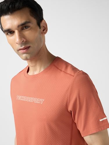 Image of TECHNOSPORT Men's Printed Slim Fit Henley Neck T-Shirt ELASTOLITE Half Sleeve Slip On Polyester for Gym Running Workout UPF50+ Anti Odour
