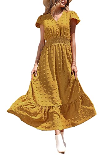 Image of PRETTYGARDEN Womens Dresses 2026 Summer Maxi Dress Boho Short Sleeve V Neck Swiss Dot Ruffle Tiered Smocked Flowy Long Dress