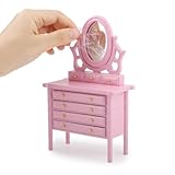 Miniature Dollhouse Vanity Table 1 12 Furniture Makeup Dressing Table with Mirror and 4 Drawers Mini House Accessories Bedroom Living Room Scene Decoration (Pink)