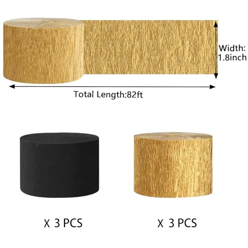 Image of Black Gold Crepe Paper Streamers 1.8 Inch Widening 6 Rolls, 82 Feet per Roll for Birthday, Baby Shower, Wedding Black Gold Party Decorations
