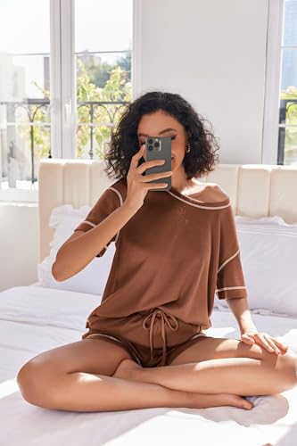 Image of Ekouaer Women's Waffle Knit Two Piece Lounge Set, Soft Matching Outfits for Daily Wear, Casual Shorts Set with Pocket