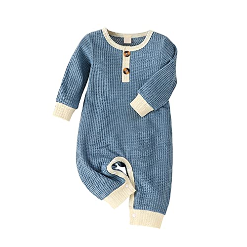 Thorn Tree Newborn Baby Boy Clothes Little Girl Long Sleeve Romper Unisex Infant Baby Button Jumpsuit Knitted One Piece Outfits (Blue,0-3 Months)