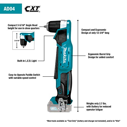 Makita AD04R1 12V max CXT Right Angle Drill Kit, 3/8