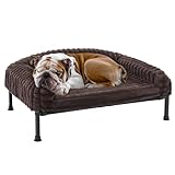Veehoo Elevated Dog Bed with Bolster Cushion, Fluffy Plush Dog Couch Beds for Small Dogs, Cats, Washable Raised Pet Cot with Non-Slip Feet for Indoor or Patios Use, 36 x 28 Inches, Brown