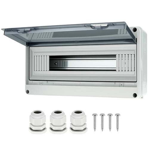 QWORK 18 Way IP65 Waterproof Circuit Breaker Distribution Box, PC+ABS Electrical Enclosure with DIN Rail, Wall Mounted Power Protection Box for Indoor & Outdoor Use, 14.6\"x4.3\"x8.3\"