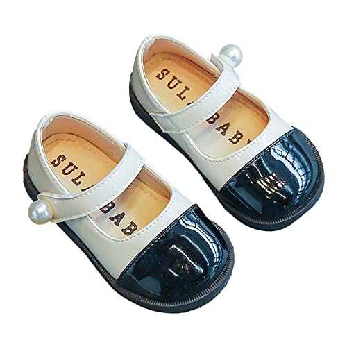 Girls Leather Pearl Design Soft Round Dual Color Design Toe Princess Dress Flat Shoes(Toddler/Little Infant