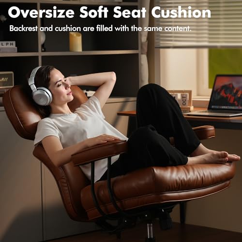 Image of High Back Executive Office Chair with Comfortable Deep Seat,Brown PU Leather Modern Office Chair,Ergonomic Big and Tall Computer Desk Chair with Lumbar Support(Light Brown)