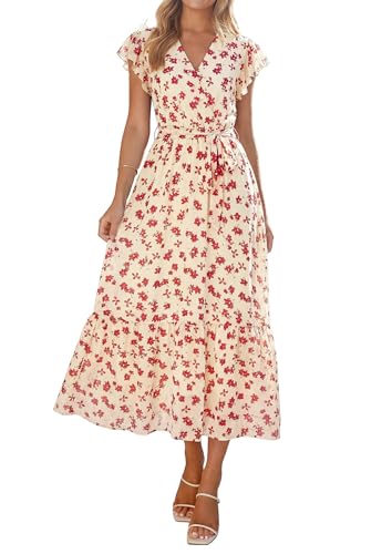 Image of PRETTYGARDEN Women's Summer Floral Boho Maxi Dress Short Sleeve Wrap V Neck Ruffle Long Flowy Beach Wedding Guest Dresses