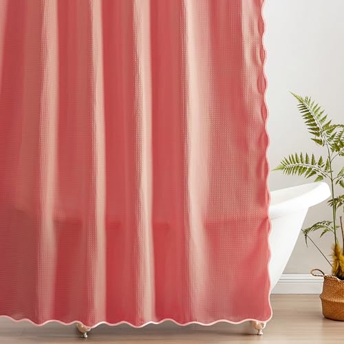 MONDAY MOOSE Scalloped Waffle Weave Shower Curtain with Rustproof Metal Grommet Holes for Bathroom Machine Washable Hooks Included (72x72 inch Light Coral/Coral)