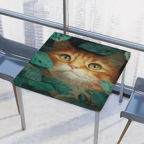 Cute Plant Cat Fitted Table Cover Elastic Edged Table with Elastic Tablecloths Waterproof Stain-Resistant Square Tablecloth Fitted Elastic Table Cover for Indoor and Outdoor 46x46inch,E602