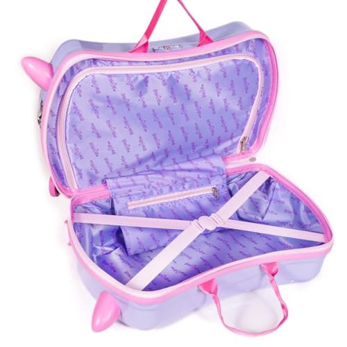Milk & Moo Ride on Suitcase for Kids, Kids Luggage with Wheels, Tow Along Toddler Carry on Luggage with Folding Footrest, Adjustable Shoulder Strap, Clip on Bands, Jungle Friends, Pink, 2-6 Age4