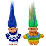 2pcs Vintage Lucky Troll Dolls Assorted Hair Colors Chromatic Adorable for Collections, School Project, Arts and Crafts, Party Favors (style-02)