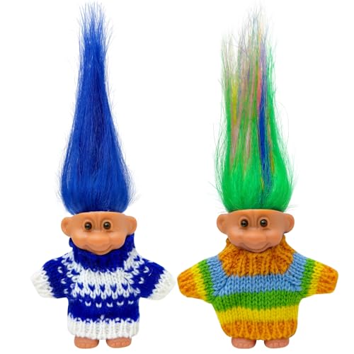 2pcs Vintage Lucky Troll Dolls Assorted Hair Colors Chromatic Adorable for Collections, School Project, Arts and Crafts, Party Favors (style-02)