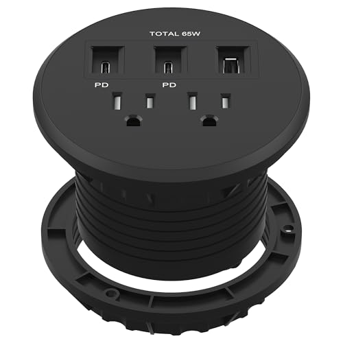LIDER PD 65W GaN Technology Desktop Power Grommet, Power Delivery, USB-A & 2 USB-C Ports, Tamper-Resistant Receptacles, Self-Close Cover, 6.5ft Cord, ETL Listed, Thermoplastic, Matte Black by LIDER - Used condition - US$46.06