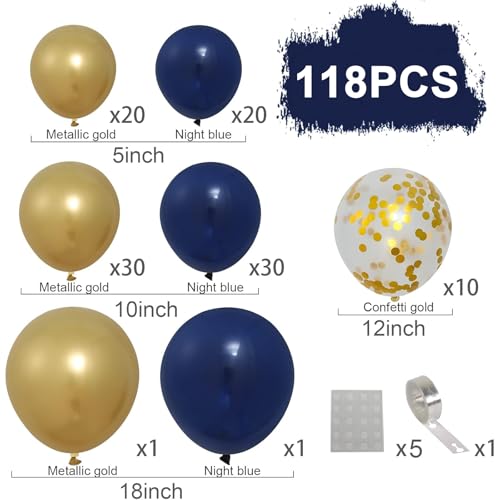 QIFU Navy Blue Balloon Arch Kit - 118pcs Navy Gold Balloon Arch Garland Kit with Metallic Gold Confetti Balloons for Boys Men Birthday Party Decorations, Thanksgiving, Graduation, Baby Shower, Prom