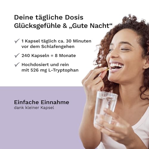 L-Tryptophan - Hochdosiert: 526 mg je Kapsel - 240 vegane Kapseln - 8 Monate Vorrat - Ohne Zusatzstoffe - Aus pflanzlicher Fermentation - Laborgeprüft - Balanced Vitality