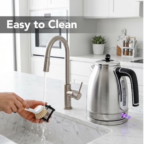 Image of OVENTE 1.7L Stainless Steel Electric Kettle, 1500W Power, Silver KS777S | Fast Boiling Heater, BPA Free, Cordless Body Design, Auto Shut-Off, Boil-Dry Protection, Indicator Light and Removable Filter