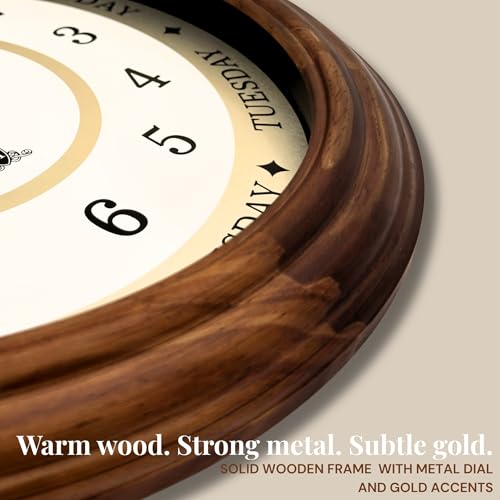 Image of HARRIS & CO. CLOCKMASTERS Luxury Wooden Time & Weekday Wall Clock, Weekly Analog Clock with Days, Hours & Minutes Markers, HD Clear Glass with Silent Sweep Noiseless (14 Inch) Model-Daybrook Road