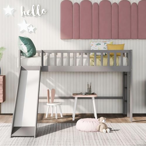 GDFStudio Twin Size Low Loft Bed with Slide