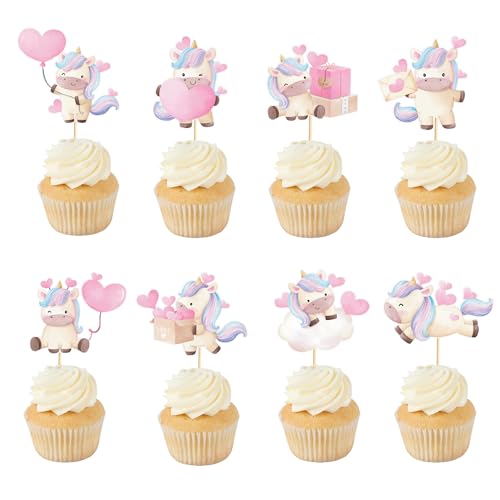 Arthsdite Einhorn-Cupcake-Topper mit Herz, Party-Dekoration, geeignet für Babyparty, Valentinstag, Geburtstag, Party-Dekoration, 24 Stück