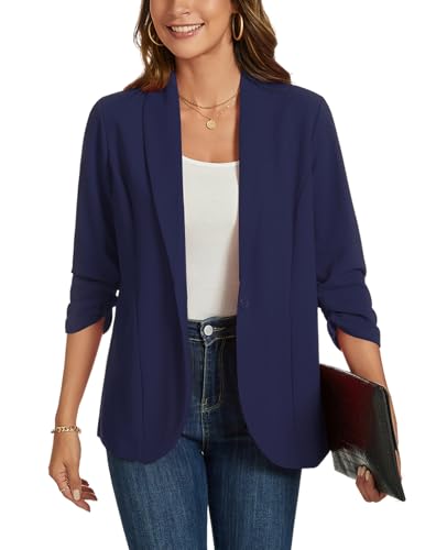 MINTLIMIT Women 3/4 Ruched Sleeve Blazer Open Front Shawl Collar Business Jacket Blazer Lightweight Work Office Jackets Coat, Navy Blue4