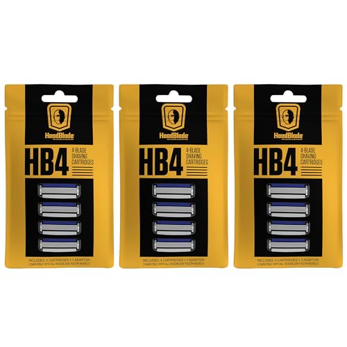 HeadBlade Men's HB4 Refill Shaving Razor Blades - 4 Stainless Steel Blades for No Tugging or Pulling, Shave Less, Works for Face, Body, and Scalp (12 Blades) 3 Pack