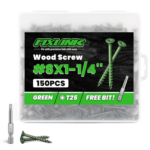 Image of Wood Screws 1-1 /4 Inch, FIXLINK Deck Screws #8 x 1-1 /4 inch, 150 PCS, Epoxy Coated, T25 Star Bit Above 1500 Hour Salt Spray Coating Outdoor Decking Screws Excellent Rust Resistant for Wood Fence, Green