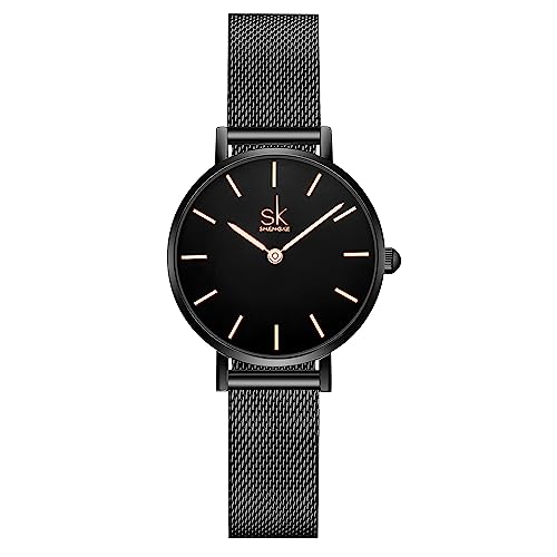 SHENGKE SK Ultra Thin Minialist Mujeres Relojes Simple Dos Manos Señoras Vestido Reloj Correa de Cuero (Black-Mesh)