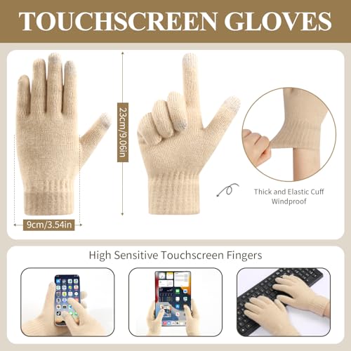 Womens Winter Beanie Scarf Gloves Set, Pom Pom Hat with Warm Fleece Lined Long Knit Scarf Touchscreen Gloves for Cold Weather3