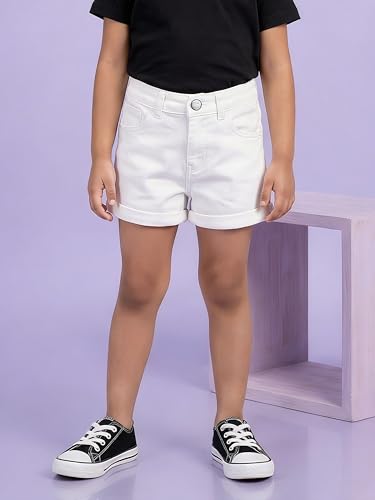 Image of KiddoPanti Girls Tight Length Rollup Denim Shorts with Lavender and Pink 3D Crochet Flowers