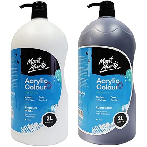 Mont Marte Discovery School Acrylic, Titanium White and Black, 1/2 Gallon (2 Liter). Ideal for Students and Artists. Excellent Coverage and Fast Drying. Pump Lid Included Cover