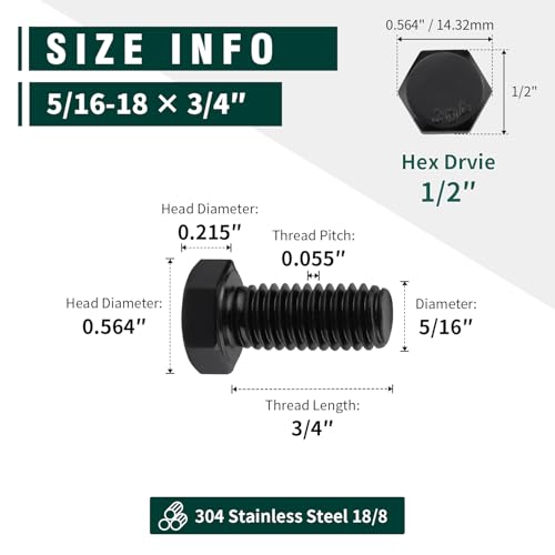 Image of 5 /16-18 x 3 /4 inch Hex Head Bolts Black, 304 Stainless Steel 18-8 Hexagon Head Screws Bolts, Black Oxide Finish, Allen Hex Drive, 12 PCS